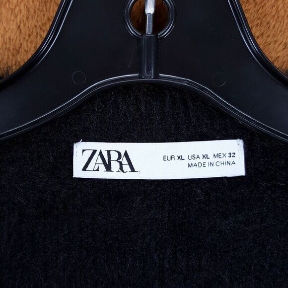 ZARA Sweater Womens XL Black Cardigan Fuzzy Faux Fur Flower Button Cozy Knit - Picture 3 of 8